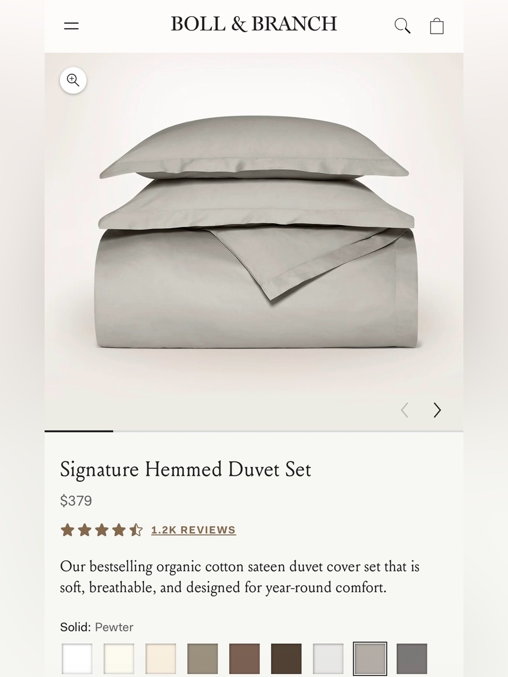 Boll & Branch: Signature Hemmed Duvet Cover Set - Pewter
